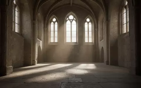 Ein minimalistischer, leerer Kirchenraum mit einfallendem Tageslicht und langen Schatten auf dem Steinboden. - Foto: über boerse-global.de