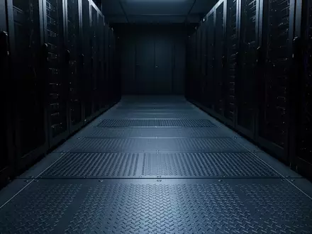 Dunkler, minimalistischer Serverraum mit metallischen Bodenplatten und diskreter blauer Beleuchtung. - Foto: über boerse-global.de