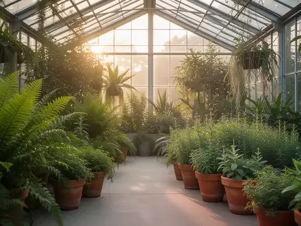 Ein sonnendurchflutetes Gewächshaus mit üppigen Pflanzen und Kräutern in Tontöpfen, das eine ruhige und natürliche Atmosphäre ausstrahlt. - Foto: über boerse-global.de