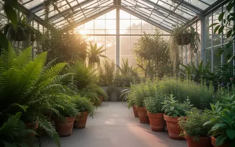 Ein sonnendurchflutetes Gewächshaus mit üppigen Pflanzen und Kräutern in Tontöpfen, das eine ruhige und natürliche Atmosphäre ausstrahlt. - Foto: über boerse-global.de
