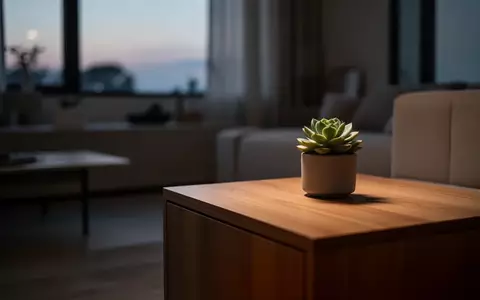 Ein minimalistischer Wohnraum bei Dämmerung mit einem Holztisch und einer Pflanze, ohne technische Geräte. - Foto: über boerse-global.de