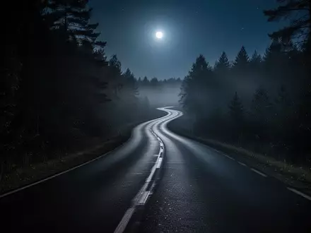 Eine menschenleere, dunkle Landstraße bei Nacht, gesäumt von dunklem Gebüsch und Waldrand. - Foto: über boerse-global.de