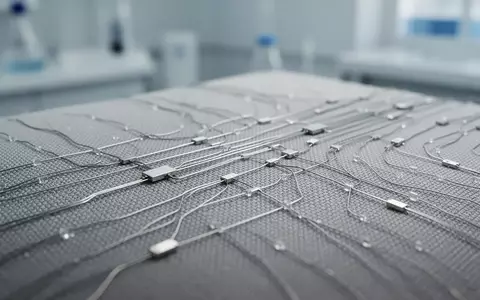 Nahaufnahme einer hochmodernen Stoffstruktur mit integrierten Sensoren in einer Laborumgebung. - Foto: über boerse-global.de