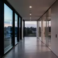 Ein minimalistischer Büroflur mit großen Fenstern und Blick auf eine ruhige Landschaft bei Dämmerung. - Foto: über boerse-global.de