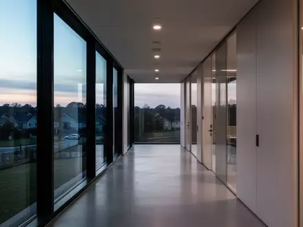 Ein minimalistischer Büroflur mit großen Fenstern und Blick auf eine ruhige Landschaft bei Dämmerung. - Foto: über boerse-global.de