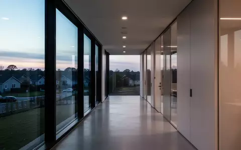 Ein minimalistischer Büroflur mit großen Fenstern und Blick auf eine ruhige Landschaft bei Dämmerung. - Foto: über boerse-global.de