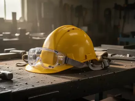 Symbolbild: Schutzhelm und Schutzbrille auf einer Werkbank - Foto: über boerse-global.de