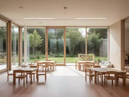 Heller, moderner Innenraum einer Kindertagesstätte mit hellem Holz und Blick in einen grünen Garten. - Foto: über boerse-global.de