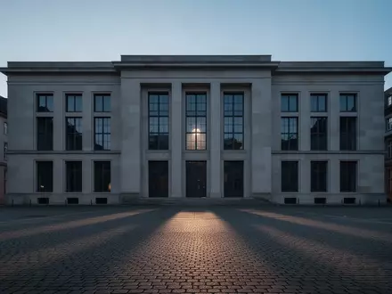Eine menschenleere, neoklassizistische Fassade eines historischen Gebäudes in der Dämmerung. - Foto: über boerse-global.de