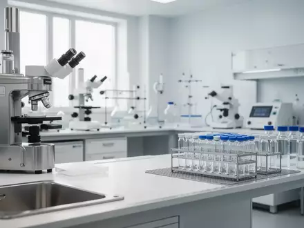 Ein steriler, modern eingerichteter klinischer Laborarbeitsplatz mit medizinischen Geräten und Glasgefäßen in hellem Tageslicht. - Foto: über boerse-global.de