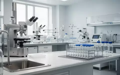 Ein steriler, modern eingerichteter klinischer Laborarbeitsplatz mit medizinischen Geräten und Glasgefäßen in hellem Tageslicht. - Foto: über boerse-global.de