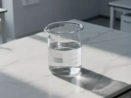 Ein minimalistisches Laborglas mit einer klaren Flüssigkeit auf einer weißen Marmoroberfläche in einem hellen Labor. - Foto: über boerse-global.de