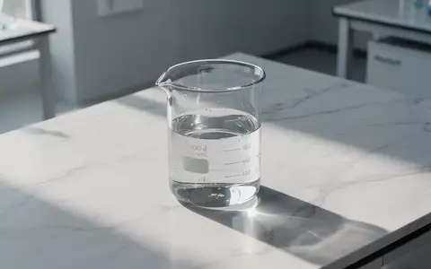 Ein minimalistisches Laborglas mit einer klaren Flüssigkeit auf einer weißen Marmoroberfläche in einem hellen Labor. - Foto: über boerse-global.de
