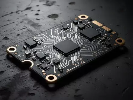 Nahaufnahme einer modernen SSD-Platine auf einem dunklen, industriellen Untergrund. - Foto: über boerse-global.de
