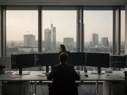 Ein einsamer Börsenhändler blickt in einem modernen Frankfurter Bürogebäude auf die Skyline bei Morgenlicht. - Foto: über boerse-global.de