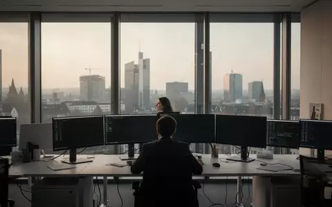 Ein einsamer Börsenhändler blickt in einem modernen Frankfurter Bürogebäude auf die Skyline bei Morgenlicht. - Foto: über boerse-global.de