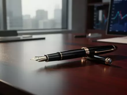 Ein hochwertiger Füllfederhalter liegt auf einem dunklen Schreibtisch in einem modernen Bürogebäude. - Foto: über boerse-global.de