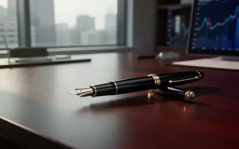 Ein hochwertiger Füllfederhalter liegt auf einem dunklen Schreibtisch in einem modernen Bürogebäude. - Foto: über boerse-global.de