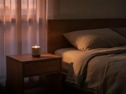 Ein ruhiges, abgedunkeltes Schlafzimmer bei Dämmerung mit minimalistischem Nachttisch und neutraler Bettwäsche. - Foto: über boerse-global.de