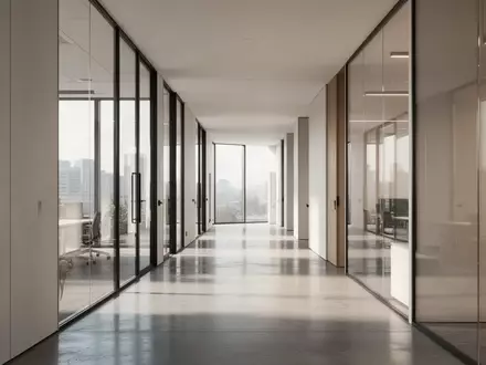 Ein moderner, minimalistischer Büroflur mit natürlichem Lichteinfall und klaren architektonischen Linien ohne Personen. - Foto: über boerse-global.de