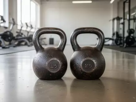Zwei schwere Kettlebells auf einem Betonboden in einem minimalistischen Fitnessraum. - Foto: über boerse-global.de