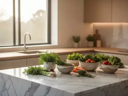 Eine helle, minimalistisch gestaltete Küche mit einer Marmor-Kücheninsel und frischen Zutaten in einer ruhigen, modernen Atmosphäre. - Foto: über boerse-global.de