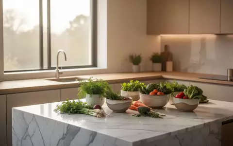 Eine helle, minimalistisch gestaltete Küche mit einer Marmor-Kücheninsel und frischen Zutaten in einer ruhigen, modernen Atmosphäre. - Foto: über boerse-global.de