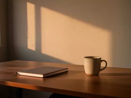 Ein minimalistischer, ruhiger Arbeitsplatz bei Sonnenuntergang mit einem geschlossenen Notizbuch und einer leeren Tasse auf einem Holztisch. - Foto: über boerse-global.de