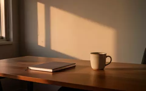Ein minimalistischer, ruhiger Arbeitsplatz bei Sonnenuntergang mit einem geschlossenen Notizbuch und einer leeren Tasse auf einem Holztisch. - Foto: über boerse-global.de