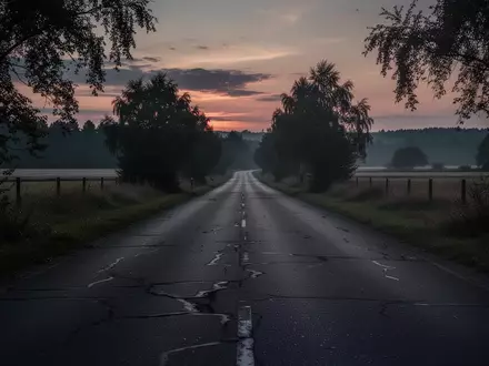 Eine menschenleere, dunkle Landstraße in der Dämmerung, die von Bäumen und Feldern umgeben ist. - Foto: über boerse-global.de