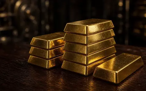 Stapel von Goldbarren auf einem dunklen Holztisch in einem Tresorraum. - Foto: über boerse-global.de