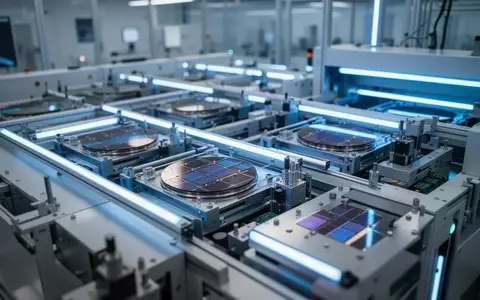 Moderne Fertigungsanlage für Halbleiter mit blau beleuchteten Silizium-Wafer-Produktionsmaschinen. - Foto: über boerse-global.de