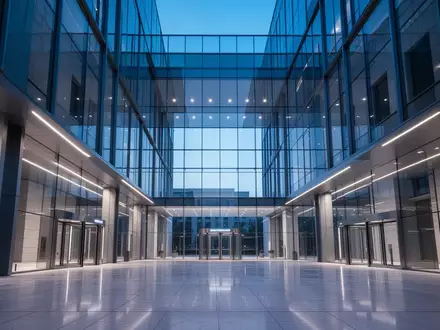 Moderne, minimalistische Architektur eines Bankgebäudes mit klaren geometrischen Linien und kühler Beleuchtung. - Foto: über boerse-global.de