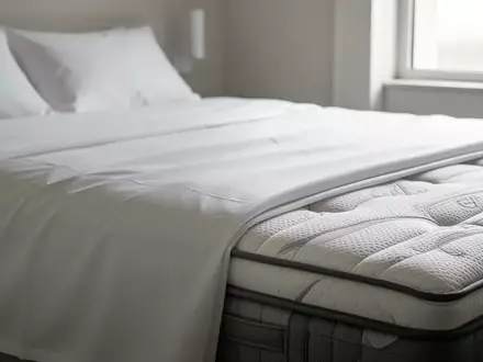 Nahaufnahme der Textur hochwertiger, weißer Bettwäsche und einer Matratzenkante in einem hellen, minimalistischen Schlafzimmer. - Foto: über boerse-global.de