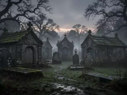 Ein nebliger, verwilderter mittelalterlicher Friedhof mit bemoosten Grabsteinen und alten Krypten in der Dämmerung. - Foto: über boerse-global.de