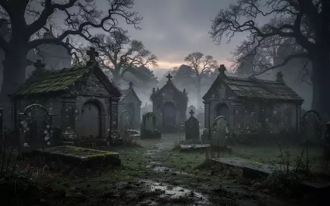 Ein nebliger, verwilderter mittelalterlicher Friedhof mit bemoosten Grabsteinen und alten Krypten in der Dämmerung. - Foto: über boerse-global.de