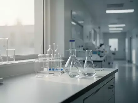 Ein minimalistisches, klinisches Labor mit sterilen Oberflächen und medizinischen Glasgefäßen in hellem, diffusem Licht. - Foto: über boerse-global.de