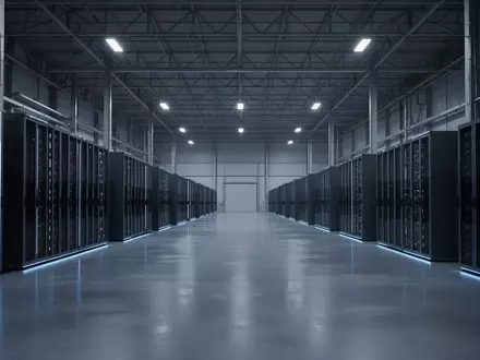 Ein weites, modernes Industriegebäude mit leeren Server-Racks in einem kühlen, minimalistischen Licht. - Foto: über boerse-global.de