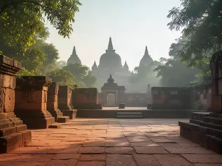 Ein sonnendurchfluteter, ruhiger Steinhof in Sanchi, umgeben von üppiger Natur und historischer Architektur. - Foto: über boerse-global.de