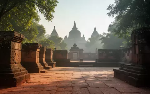 Ein sonnendurchfluteter, ruhiger Steinhof in Sanchi, umgeben von üppiger Natur und historischer Architektur. - Foto: über boerse-global.de