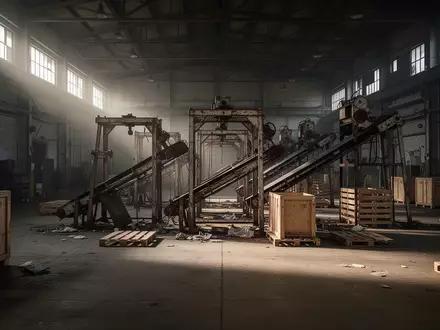 Leere, düstere Industriehalle mit verlassenen Maschinen und Holzpaletten nach einer behördlichen Razzia. - Foto: über boerse-global.de