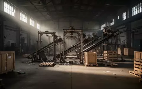 Leere, düstere Industriehalle mit verlassenen Maschinen und Holzpaletten nach einer behördlichen Razzia. - Foto: über boerse-global.de