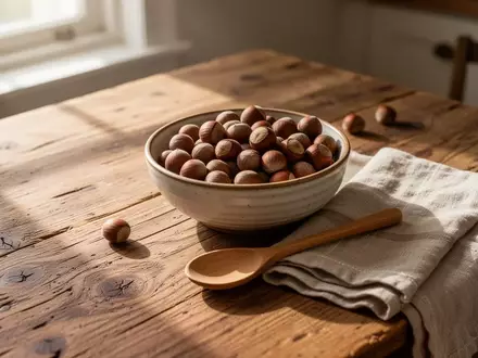 Nahaufnahme einer Schale mit rohen Haselnüssen und einem Holzlöffel auf einem rustikalen Frühstückstisch im Morgenlicht. - Foto: über boerse-global.de
