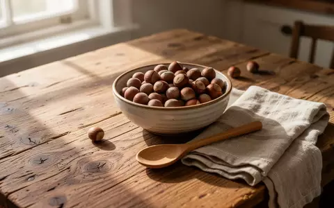 Nahaufnahme einer Schale mit rohen Haselnüssen und einem Holzlöffel auf einem rustikalen Frühstückstisch im Morgenlicht. - Foto: über boerse-global.de