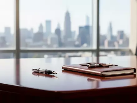 Ein moderner, heller Büroarbeitsplatz mit einem leeren Schreibtisch, einem Füller und einem Notizbuch vor einem Fenster. - Foto: über boerse-global.de