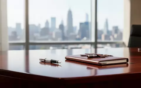 Ein moderner, heller Büroarbeitsplatz mit einem leeren Schreibtisch, einem Füller und einem Notizbuch vor einem Fenster. - Foto: über boerse-global.de