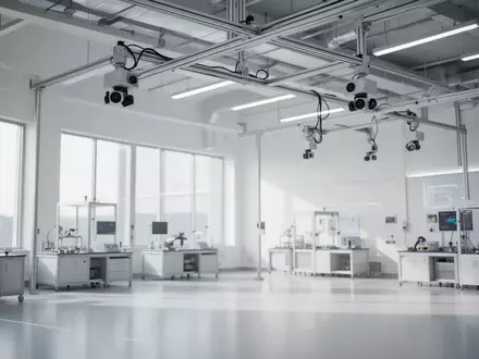 Ein minimalistisches, modernes Labor für Fahrzeugentwicklung mit Sensoren an der Decke und hellem Tageslicht. - Foto: über boerse-global.de