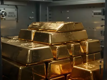 Nahaufnahme von gestapelten Goldbarren in einem Tresorraum mit weicher Beleuchtung. - Foto: über boerse-global.de