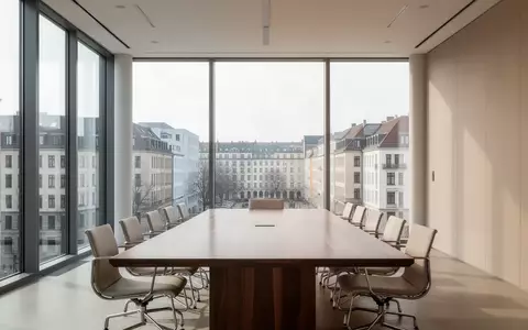 Ein heller, moderner Konferenzraum in Berlin mit Blick auf die Stadt, eingerichtet mit einem Holztisch und leeren Stühlen. - Foto: über boerse-global.de