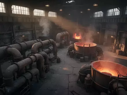 Industrielle Produktionshalle mit Metallbehältern und Rohren in einer Fabrik bei Dämmerung. - Foto: über boerse-global.de